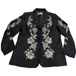 VTG Victor Costa Occasion Embroidered Blazer Jacket Linen Womens Sz Medium Black